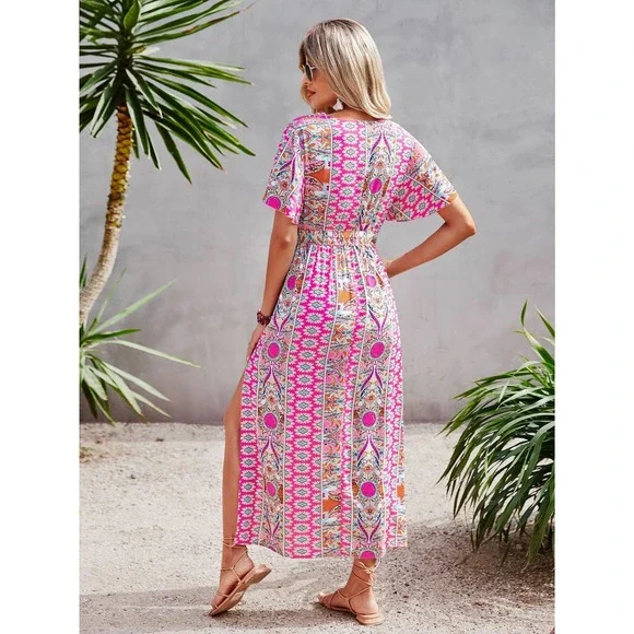 VCAY Allover Print Butterfly Sleeve Split Side Belted Dress - Picture 3 of 11